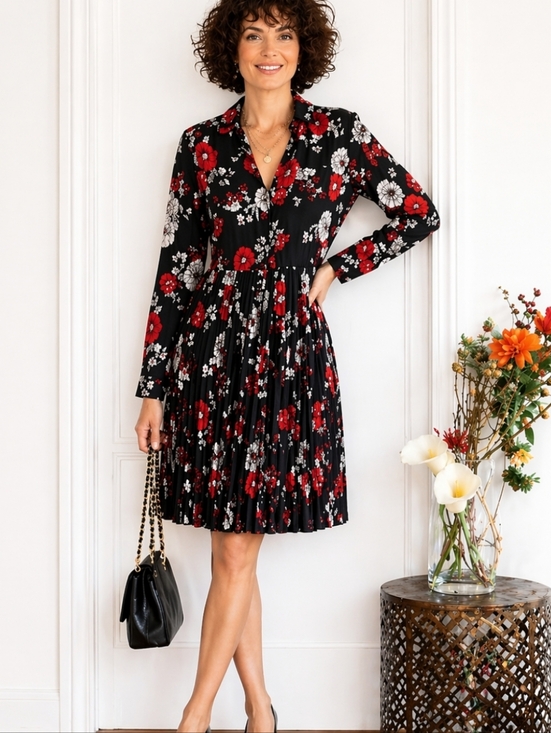 Brooks Brothers Dresses & Skirts - Brooks Brothers | Vintage Floral Dress Black Red Pleated Hem Collared Timeless